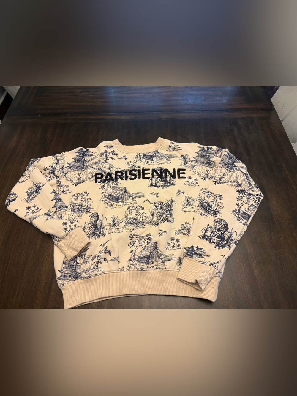 ELLANDEMM Parisienne Toile Print Crewneck Pullover Sweater Long Sleeve Small